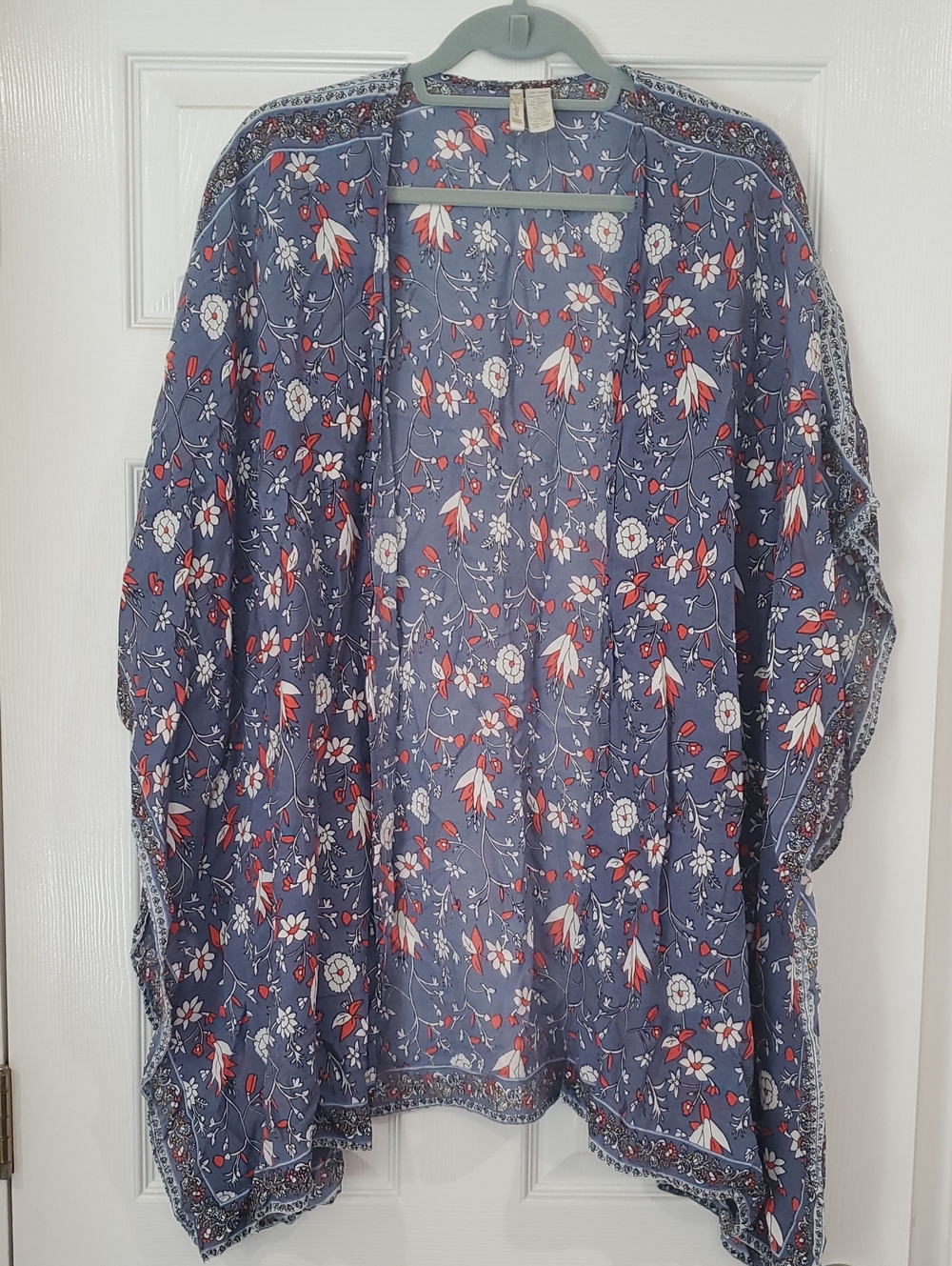 Japna Blue Floral Open-Front Kimono with Red Accents